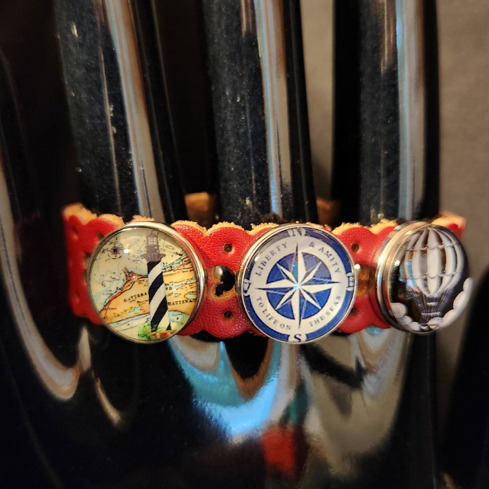 Red leather tooled double Interchageable Button Snap bracelet